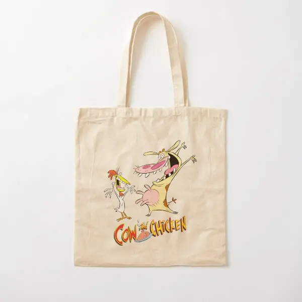 The Cow And Chicken Cotton  Canvas Bag Casual Travel Designer Tote Handbag Shoulder Bag Printed Foldable Shopper Fabric Reusable