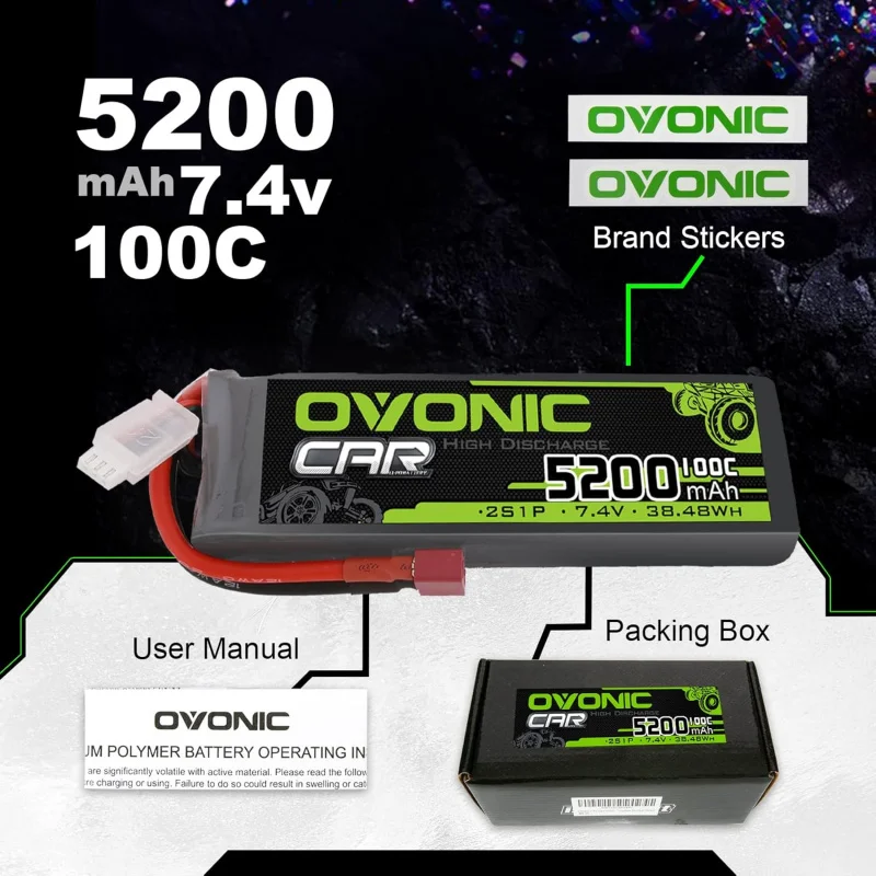 OVONIC Lipo Battery 2S Lipo Battery 7.4V 5200mAh 100C with Deans T Connector for RC Car Truck Vehicle Buggy Losi RC Model(2 Pack