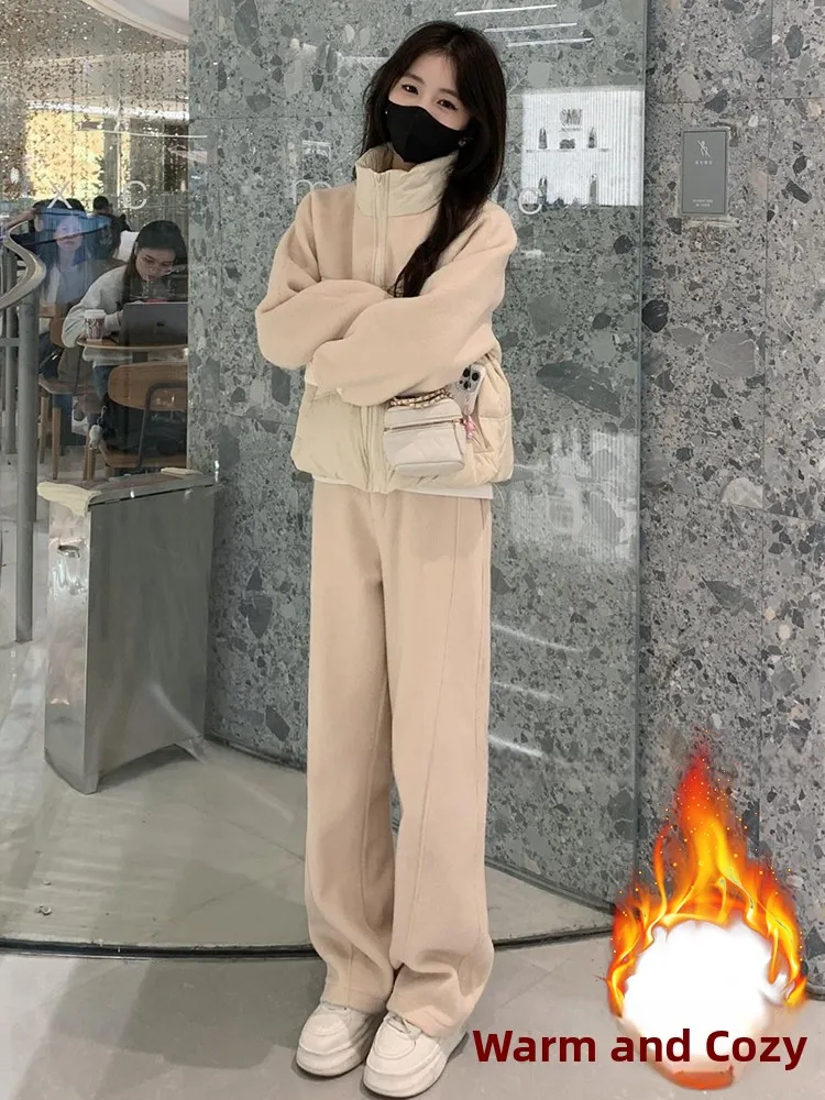 Faionable Warmth Conjunto de invierno para mujer Jaet de algodón Traje informal de dos piezas Pantalones largos Cierre de cremallera Ajuste cómodo