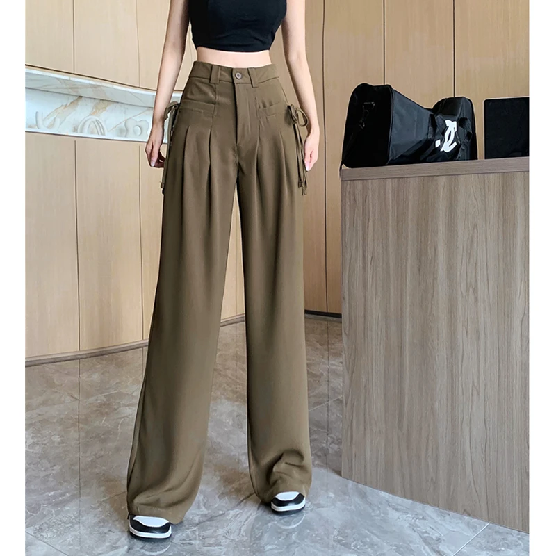 

Summer New Women's Pants Brown High Waist Straight Baggy Rope Design Folds Vintage Fashion Simple Leisure Wide Leg Trouser