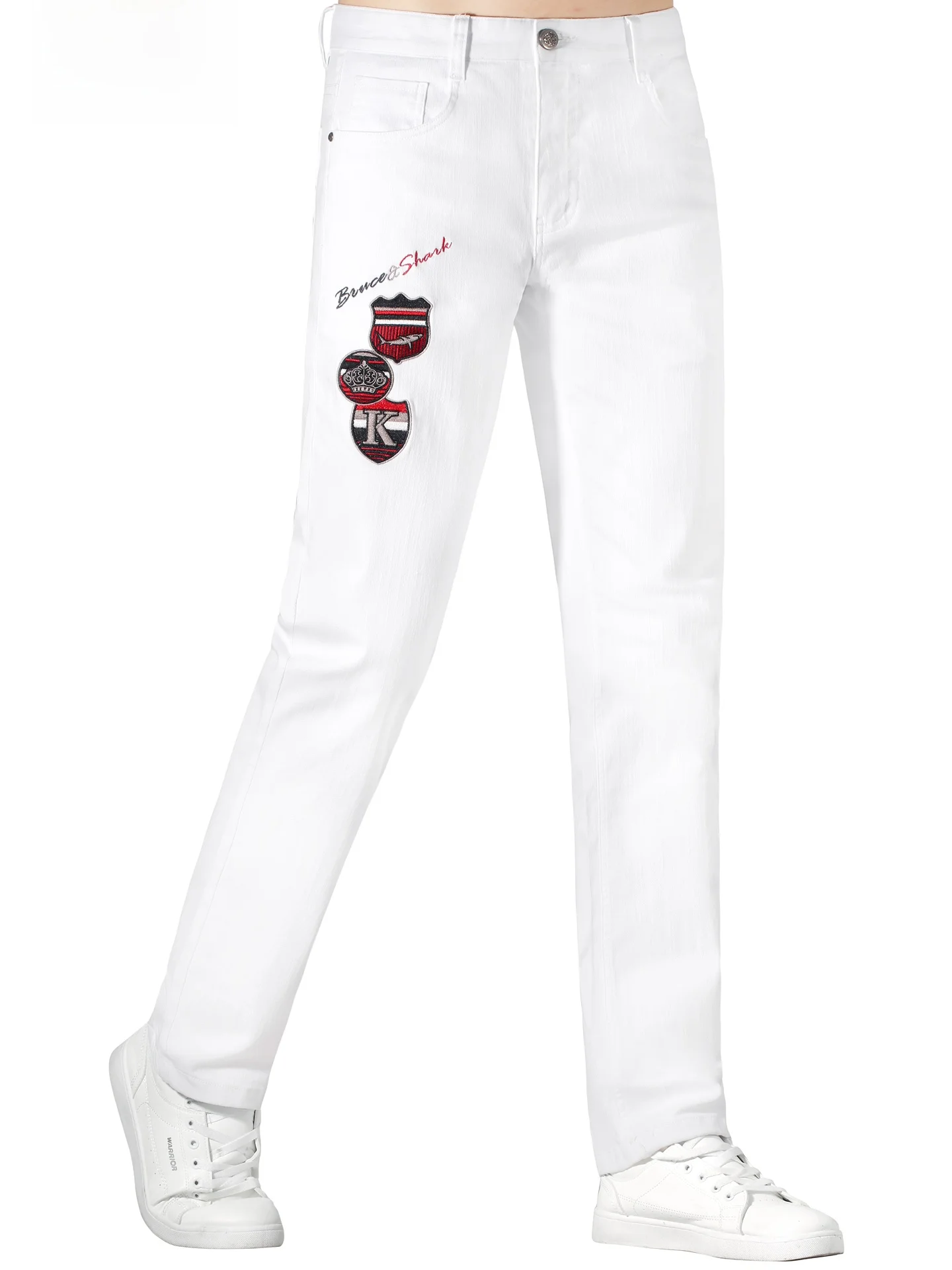 

Men's Loose Fit Embroidered Straight Leg White Jeans Fashionable Casual Cotton Stretch Denim mid Waist Zipper Closure
