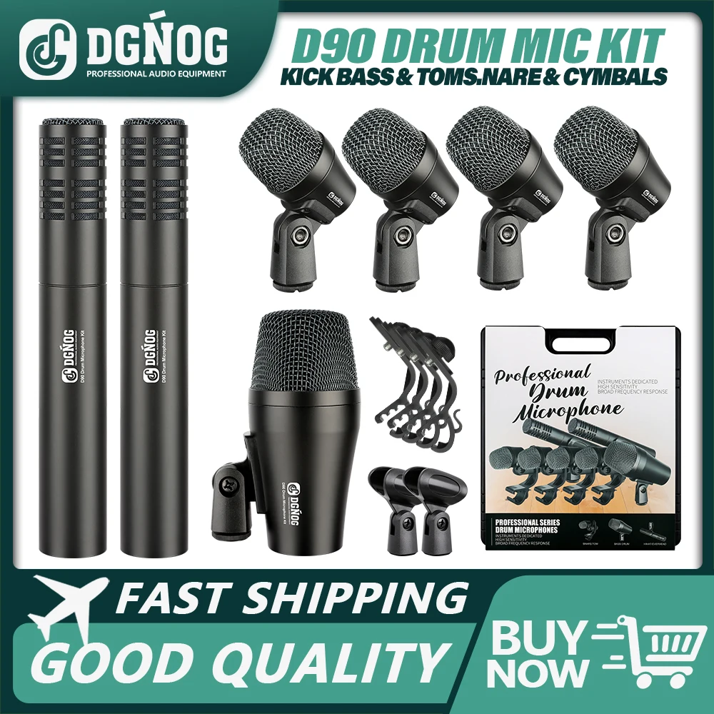 

7-Piece Wired Dynamic Drum Microphone Kit Metal Bass Tom Snare Mic for Vocal Instrument Complete Recording Live Sound DGNOG D90