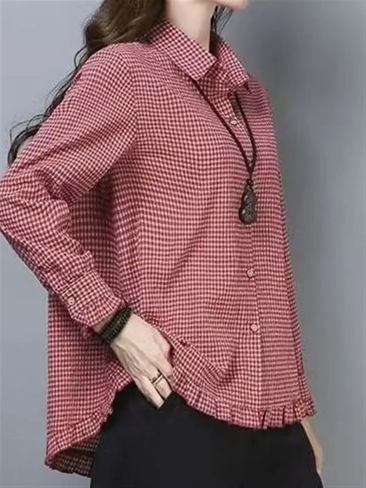 

Женский клетчатый топ Long Sve, свободный утягивающий топ ранней осени, верхняя одежда больших размеров, модный Cheered Dr Code