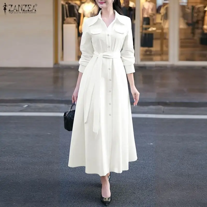 

ZANZEA Women's Elegant White Maxi Dresses Turn-Down Collar Long Sleeve Button Up Tie-Waist Shirt Dress Minimalist Woman Clothes