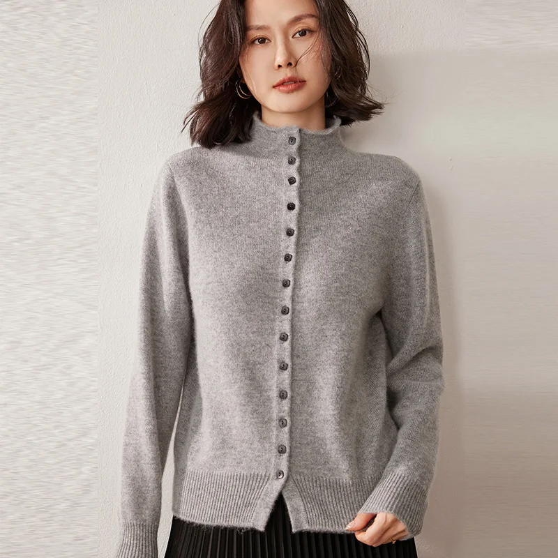 Women's 100% Pure Cashmere Sweater Thick Knitted Cardigan Coat Seven-Needle Multi-Button Stand Collar Half-High Collar
