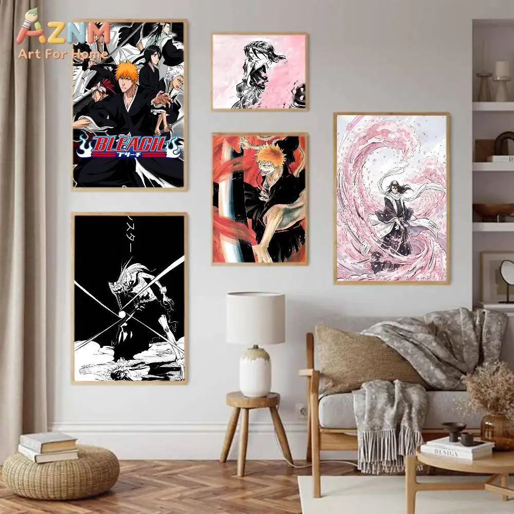 AZNM Bleach Anime Canvas Wall Art, Ichigo Kurosaki & Soul Reaper Characters Poster Print, Unframed Canvas Painting for Bedroom L