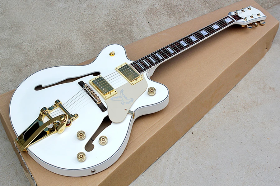 Firehawk White Semi-Hollow Body Electric Guitar with Golden Hardware,Offer Customize