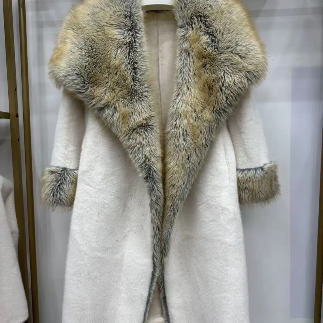 

Luxury High Quality Winter Mink Long Coat Faux Fur New Coat Fox Fur Collar Jacket Elegance Faux Mink Winter Clothes Women Coats