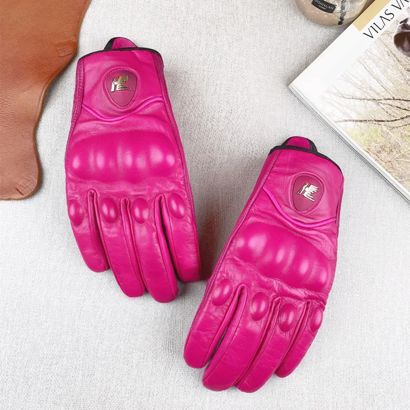 Women's Retro Real Leather Motorcycle Riding Gloves Carbon Fiber Locomotive Drop Resistant Wear-Resistant Female Gloves YSYD0096