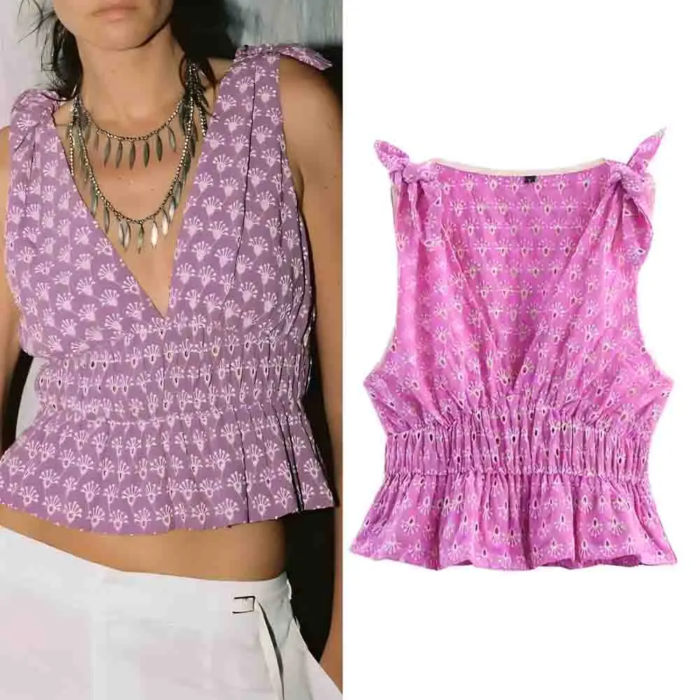 

Новая женская мода с бантом, короткий топ с v-образным вырезом и вышивкой, женский жилет без рукавов в стиле ретро, шикарный топ