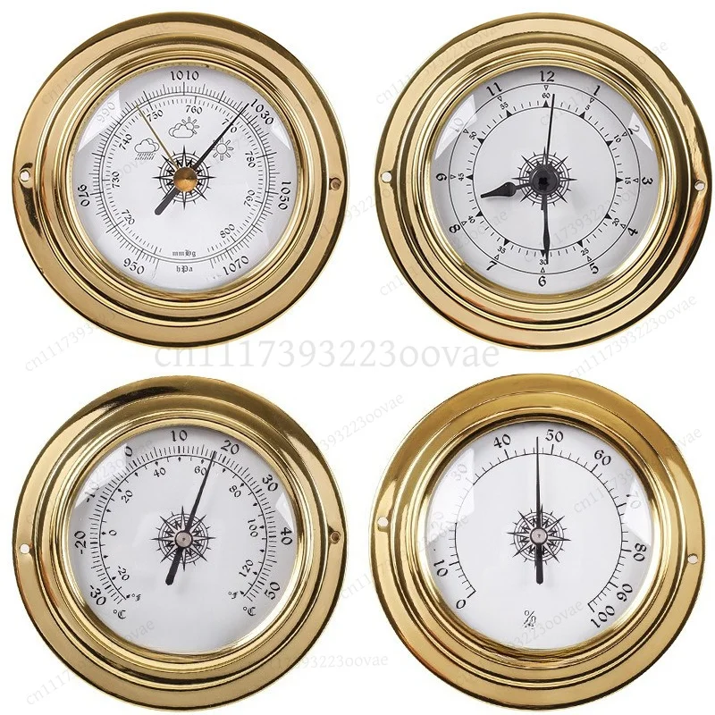 L-98mm Copper Shell Marine Barometer Thermometer Hygrometer Clock, Weather Station Mechanical Movement Replacement Part