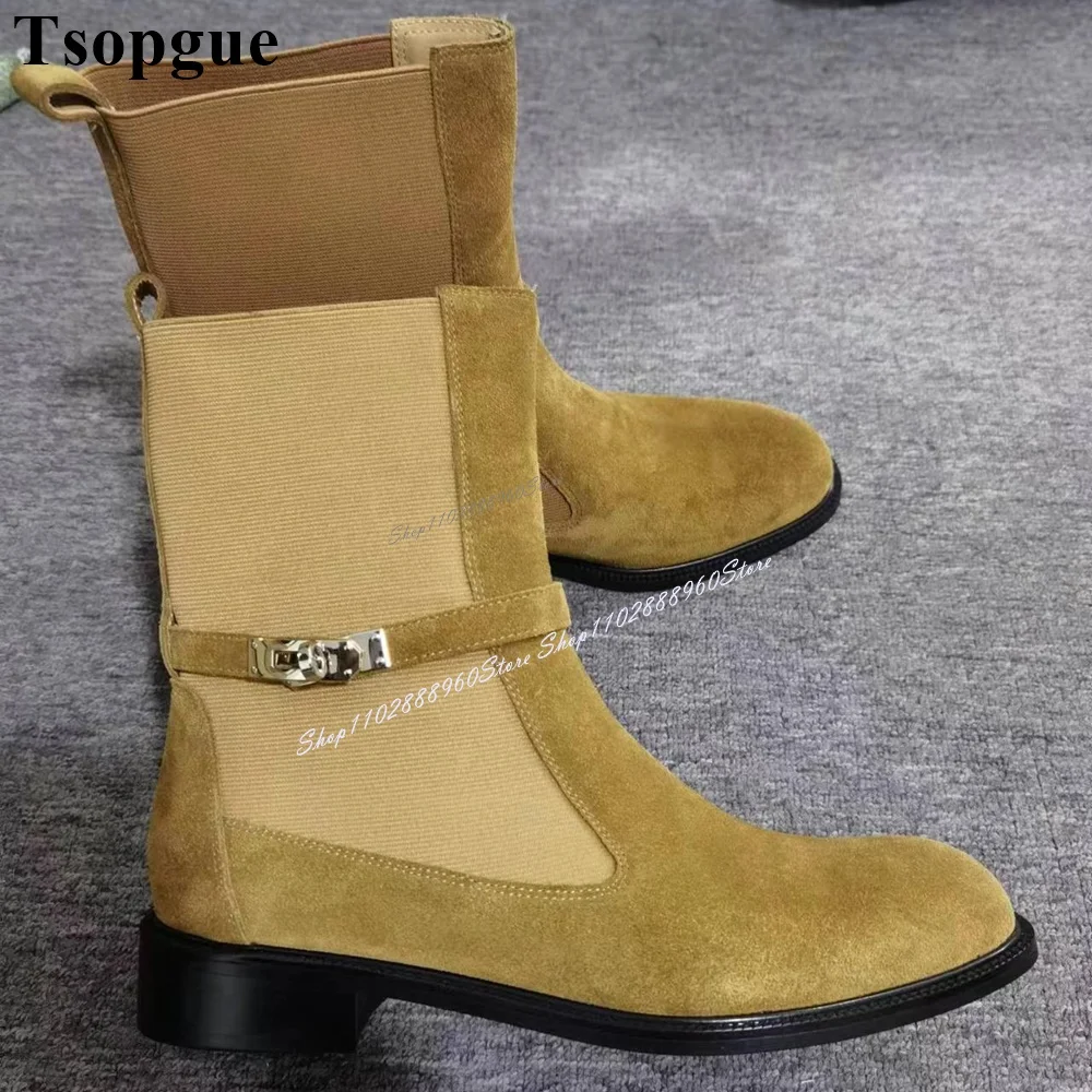 

Mid Calf Brown Flock Elastic Buckle Strap Metal Decor Boots Flat With Women Shoes Slip-On Round Toe 2024 Zapatos Para Mujere