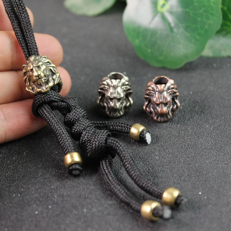 Brass Lion King Knife Pendants Bead Vintage Umbrella Rope Beads EDC Outdoor Flashlight DIY Paracord Lanyard Bracelet Accessories