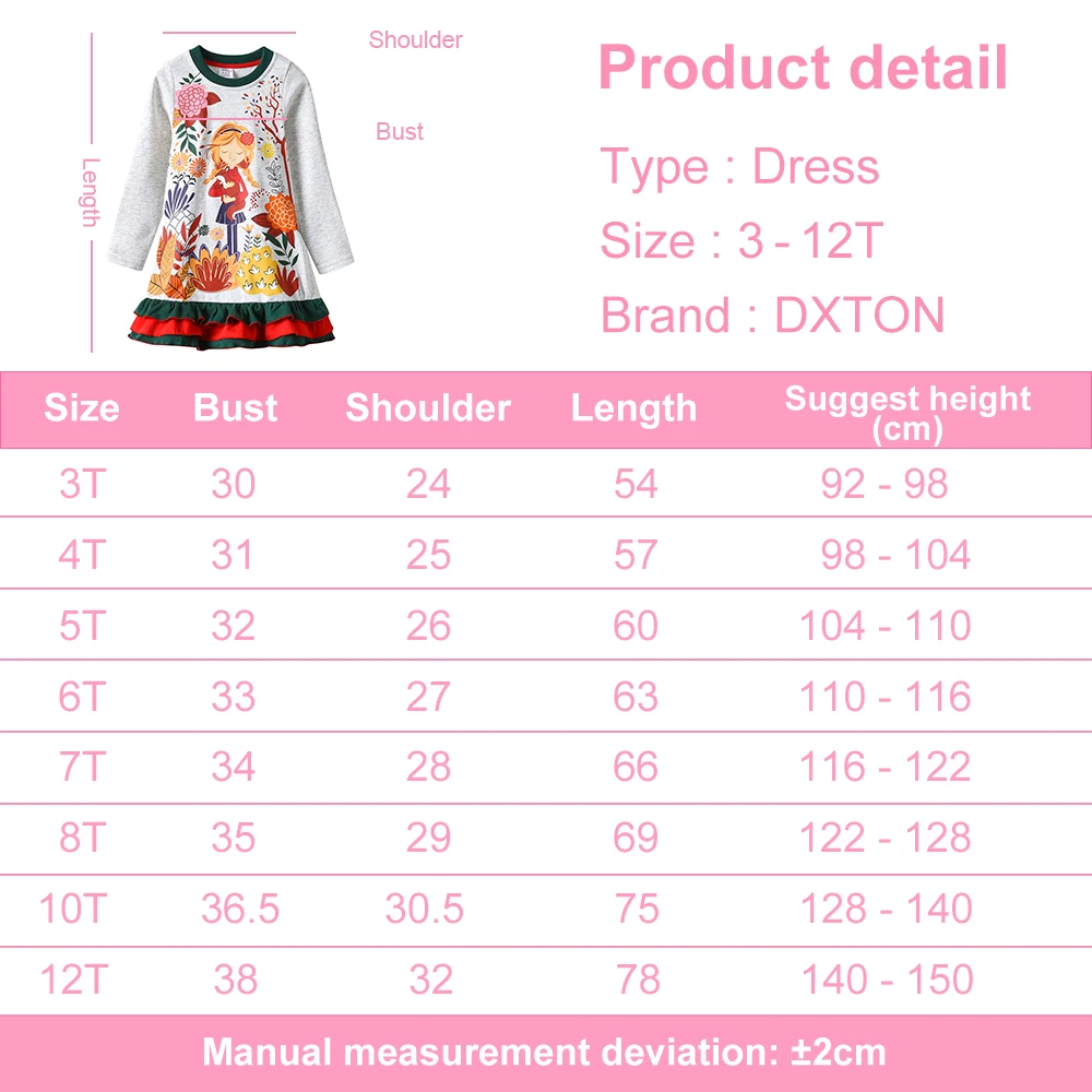 DXTON Children Cotton Dress Flower Plant Print Girls Dresses Winter Casual Girls Clothes Ruffles Vacation Toddler Kids Costumes