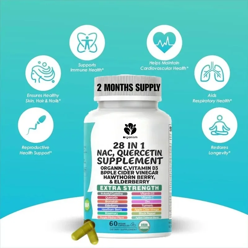 NAC capsules contain quercetin, zinc, bromelain,vitamin,apple cider vinegar, elderberry, hawthorn,turmeric-immune health support
