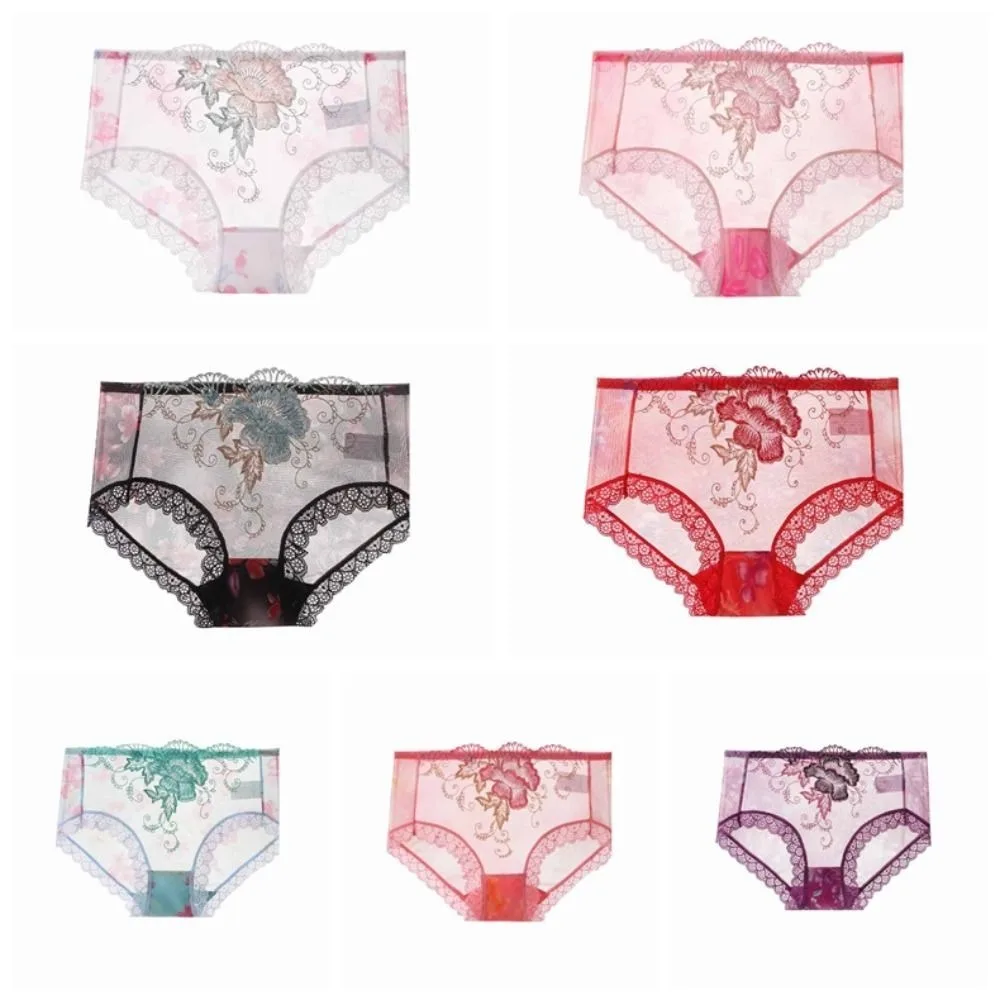 4Pcs Fashion Mesh Lace Flower Underpants Plus Size Transparent Lace Seamless Briefs Panties Mid Waist Underwear for Women Gifts