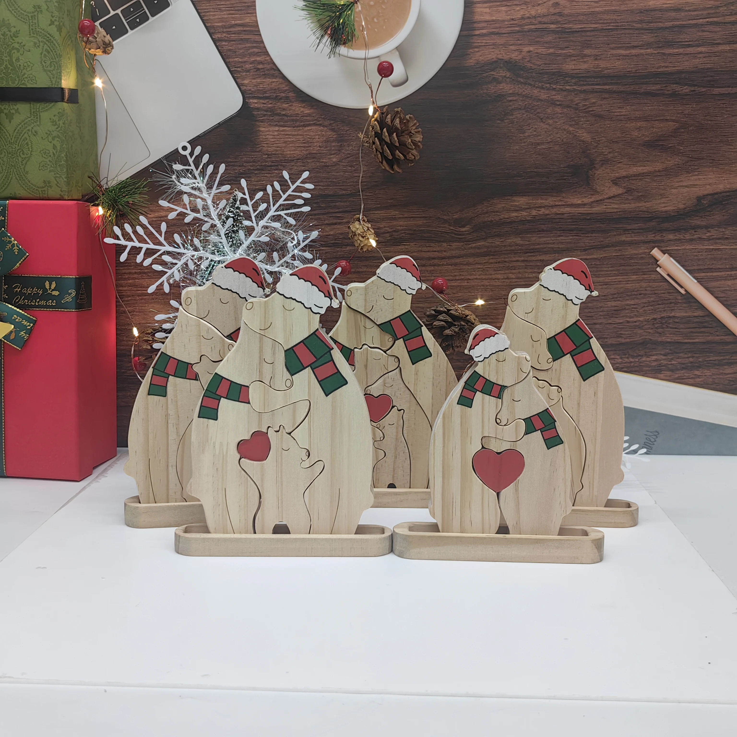 

Christmas Bear Family Custom Name Puzzle DIY Wood Figurines Free Engraving Customized Christmas Day gifts For Dad Mother