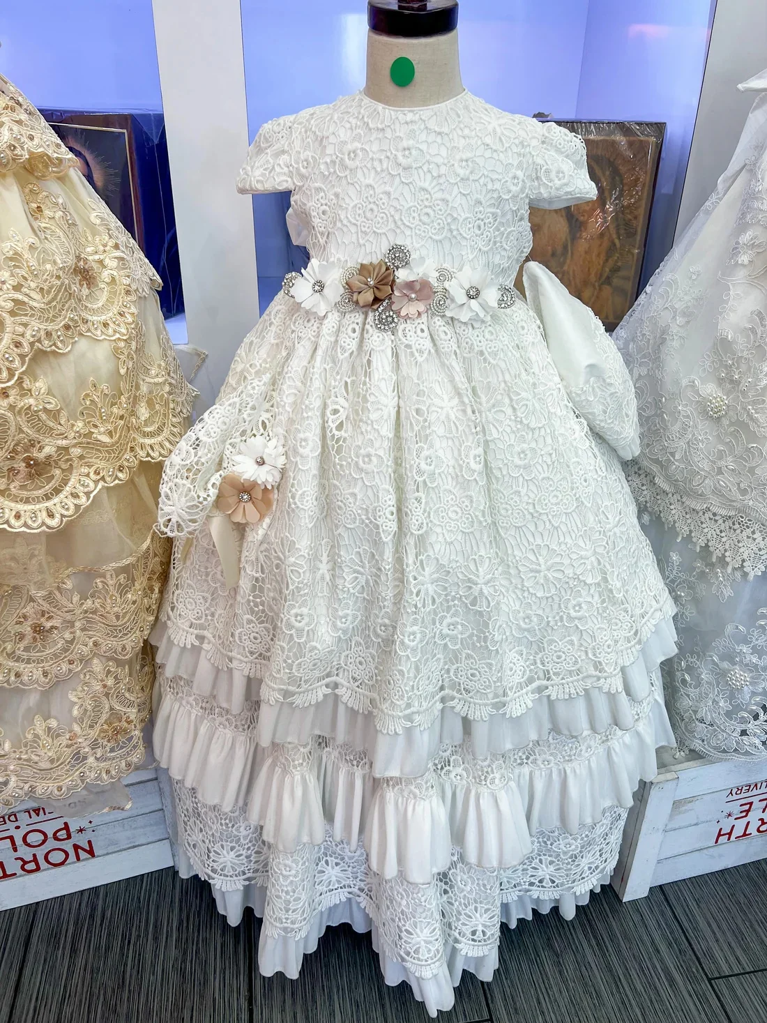 Full Lace Baptism Christening Gown With Bonnet Outfit Baby Girls Party Birthday Gown Wedding Flower Girl Dress