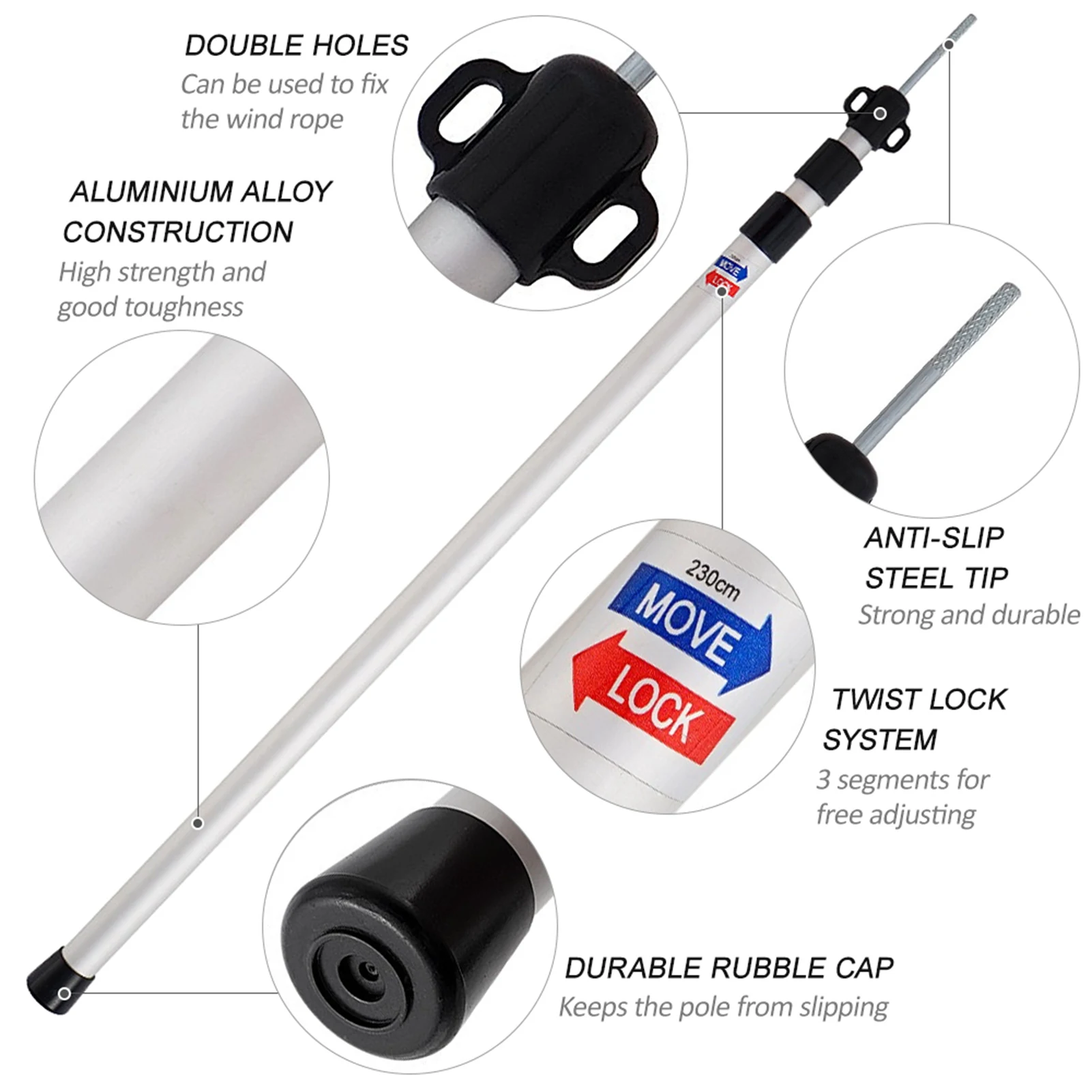 أقطاب خيمة سميكة من الألومنيوم - قضبان قابلة للتعديل للتخييم والمشي لمسافات طويلة وقماش القنب ومأوى الشاطئ واستبدال حقيبة الظهر