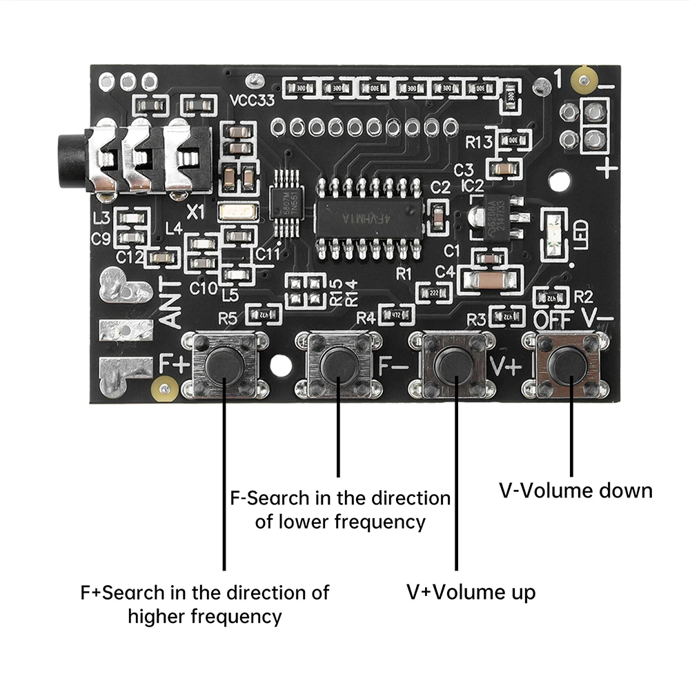 Módulo de rádio FM de 2 canais 76.0MHz-108.0MHz Placa de circuito receptor FM estéreo RDA5807 de alta sensibilidade com luz LED DC 3-12V