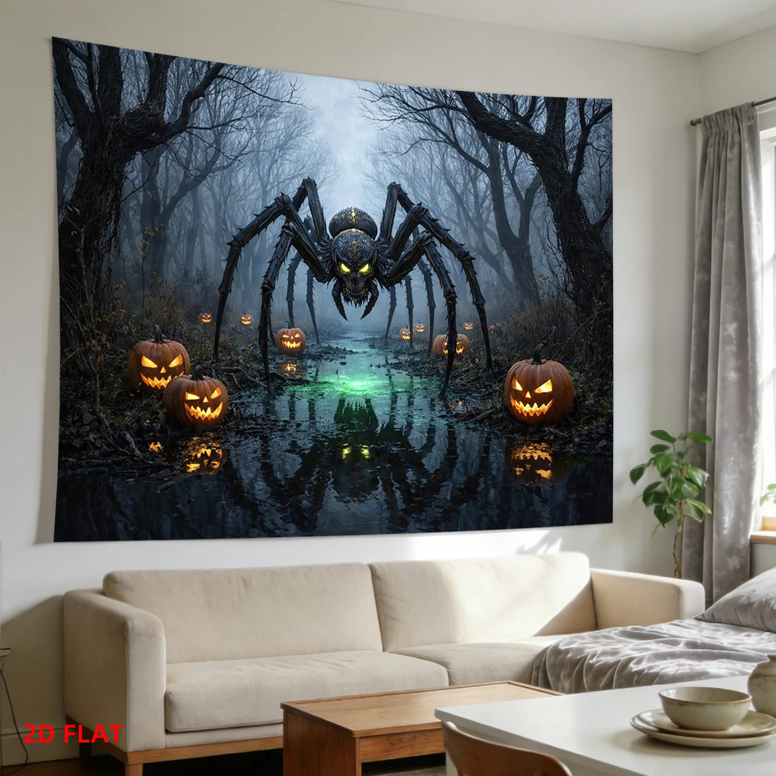 VIKAMA Halloween Gothic Wall Tapestry Green Eyes Giant Black Spider Mist Dry Forest Swamp Water Reflection Pumpkin Wallpaper Par