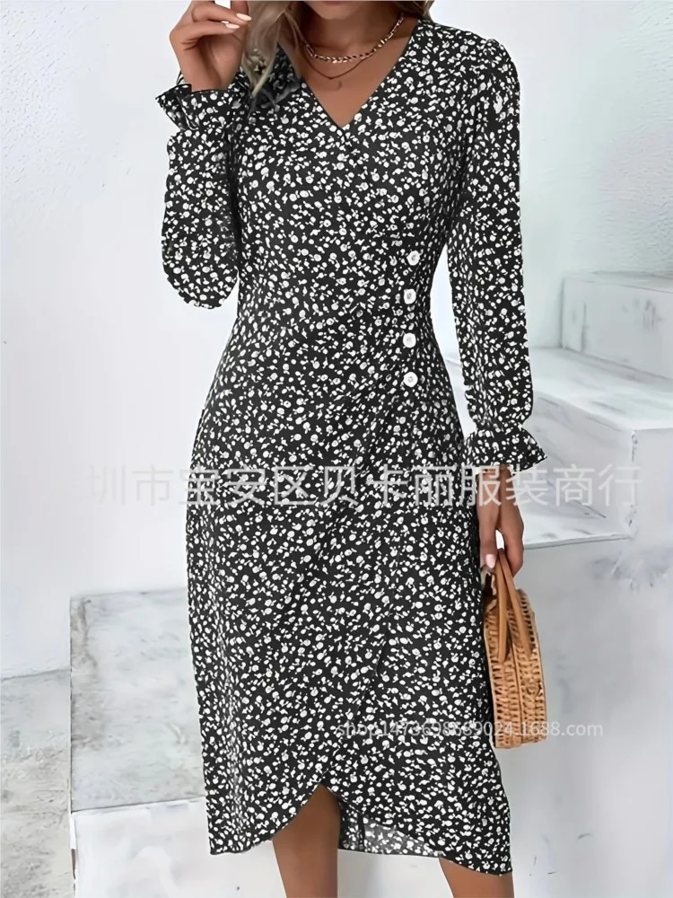 Abito con stampa Boho per donna Moda manica lunga con scollo a V Abiti pullover Lady Elegante ufficio per le vacanze Abbigliamento da donna Robe Femme