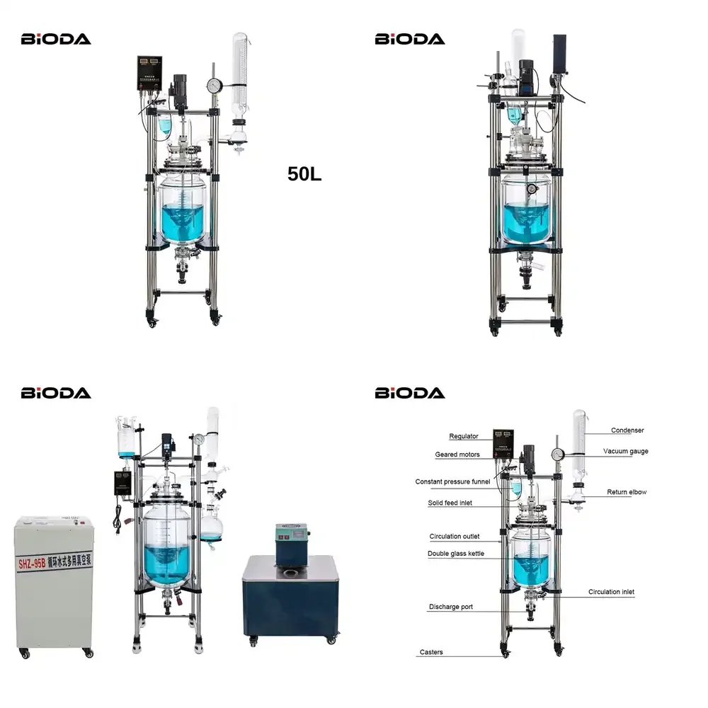 Lab Jacketed 50L GG-17 Glass Cylindrical Reactor Flask Stainless Steel Frame Engine Automatic Grade Reaction Kettle for