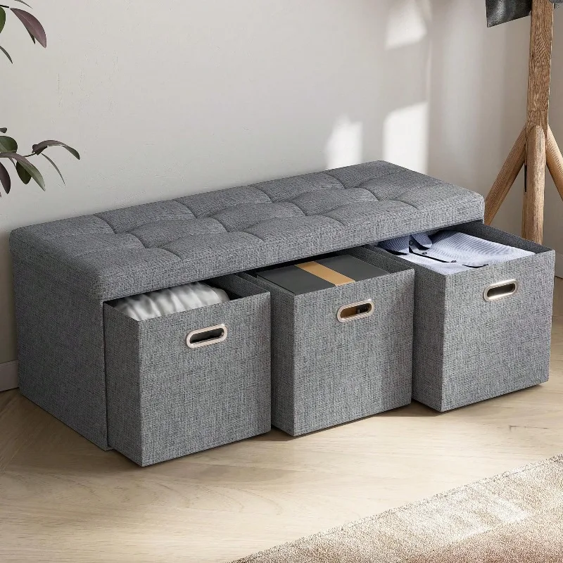 Foldable Storage Ottoman Bench With 3 Front Drawers, 43 Inch Gray Tufted Padded Footrest And End-Of-Bed Storage Bench For Bedroom, Entryway And Living Room