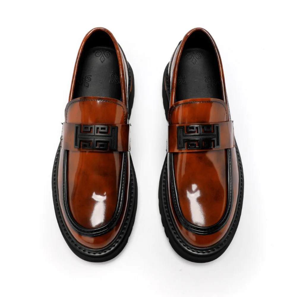 Mens Retro Genuine Leather Thick Soled Height Increasing Loafers British Style Breathable Round Toe Slip On Casual Summer Shoes
