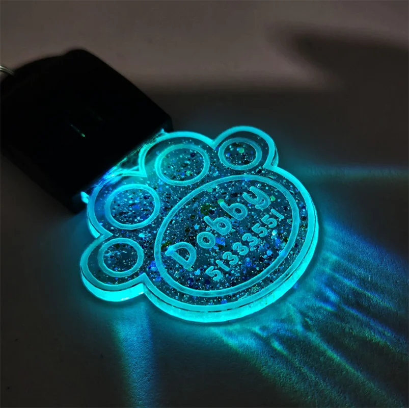 

7-Color LED Custom Engraved Pet ID Tag with Glitter - Anti-Loss Glowing Name Tag for Dog Cat Collar Accessories