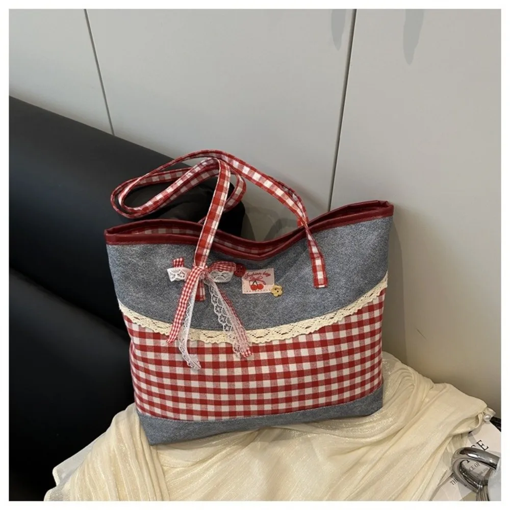 

Fashion Lattice Lace Bow Shoulder Bag Versatile Casual Handbag Large Capacity Tote Bag Women