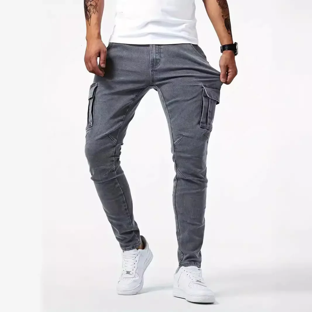 Street Elastic Jeans Men Denim Cargo Pants Wash Solid Color Multi Pockets Casual Mid Waist Trousers Slim Fit Daily Wear Joggers