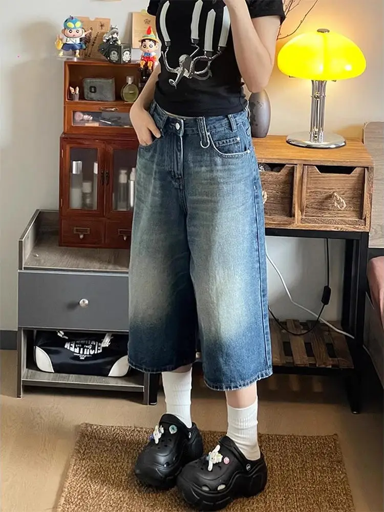 

Retro Waed Wide Leg Seven-Foot Women's Jeans High Waist Loose Straight Slimming Summer plus Size Small Heightening Trousers