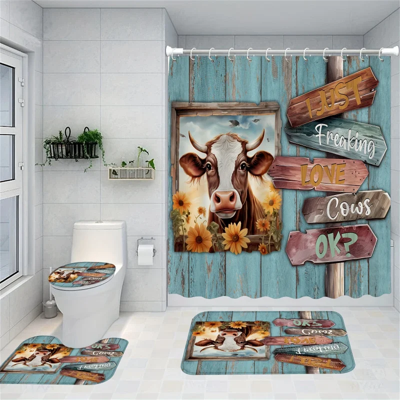 4PCs sunflower cow printed shower curtain set, waterproof shower curtain with 12 hooks, non-slip bathroom rug, toilet U-shape