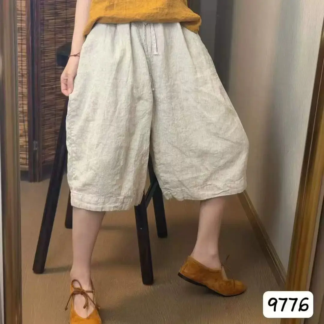 

plus Size Women's Casual Cotton Linen Wide Leg Pants High Waist Straight Cut Fashionable Seven Inch Summer New Arrival