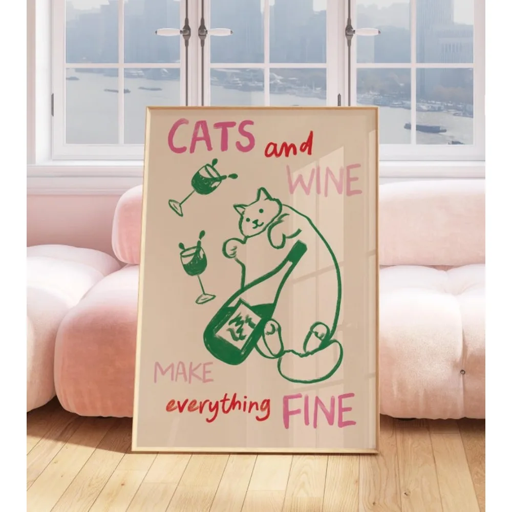 Print,Abstract Kitchen Poster,Kitchen Decor,Kitchen Print Inspo,Housewarming Gift Cats and Wine Kitchen Print,Colourful Kitchen