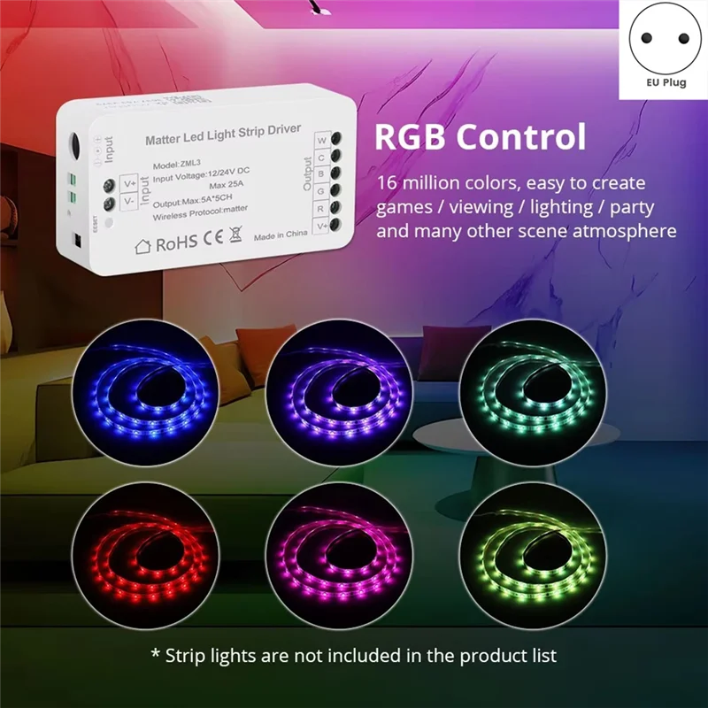

Контроллер светодиодной ленты TKOH-Matter через Wi-Fi RGBCW Smart Led Driver работает для Homekit Smartthings Alexa Google EU Plug
