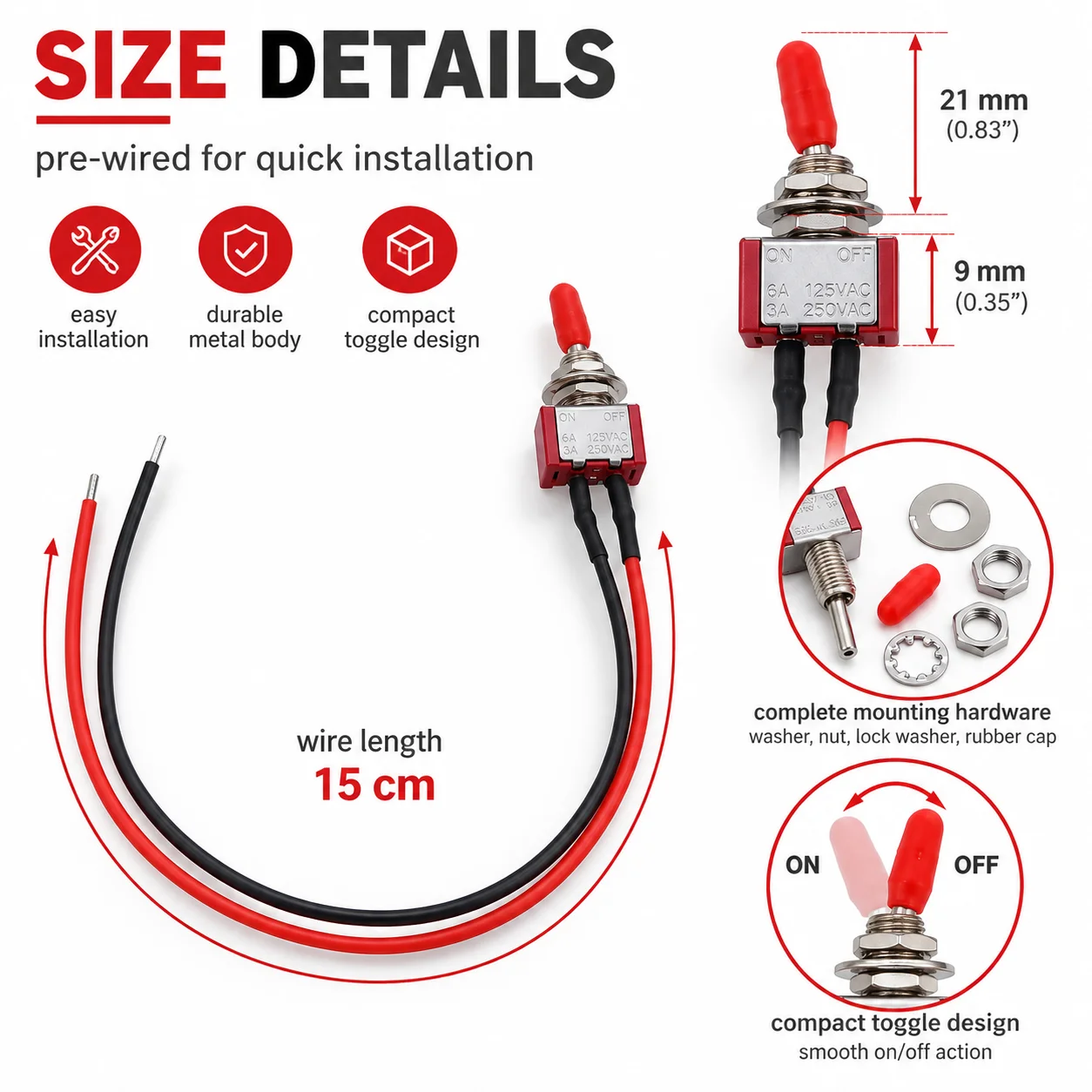 1/2/4pcs Mini 2 Pin Lights Auto Led Switch ON/OFF SPST 3A 250V 6A 125V With Pre-soldered Truck Toggle for Boat Car Accessories