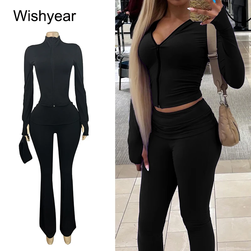 

Velvet Two-Piece Set for Women Fashion Zipper Cardigan Headscarf Folded Waist Micro Flare Pants Long Sleeve Coat Fall Tracksuit