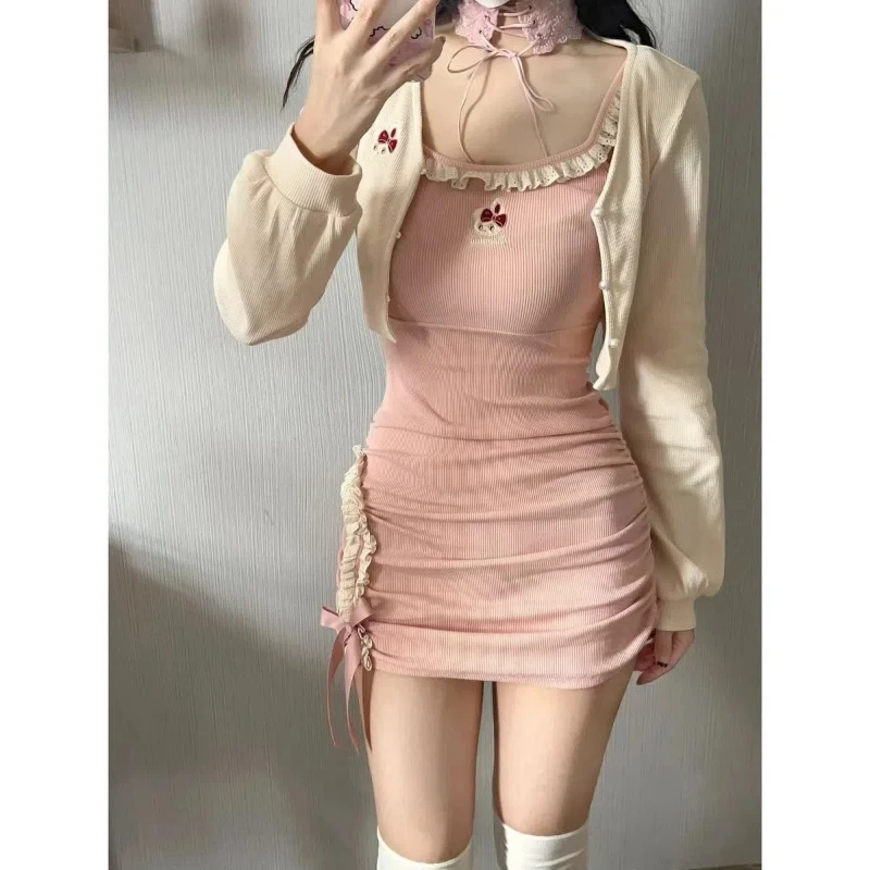 Women's Summer New Sweet Cute Patchwork Ruched Ruffles Bow Embroidered Long Sleeve Poncho Coats Two-piece Set Camisole Dresses