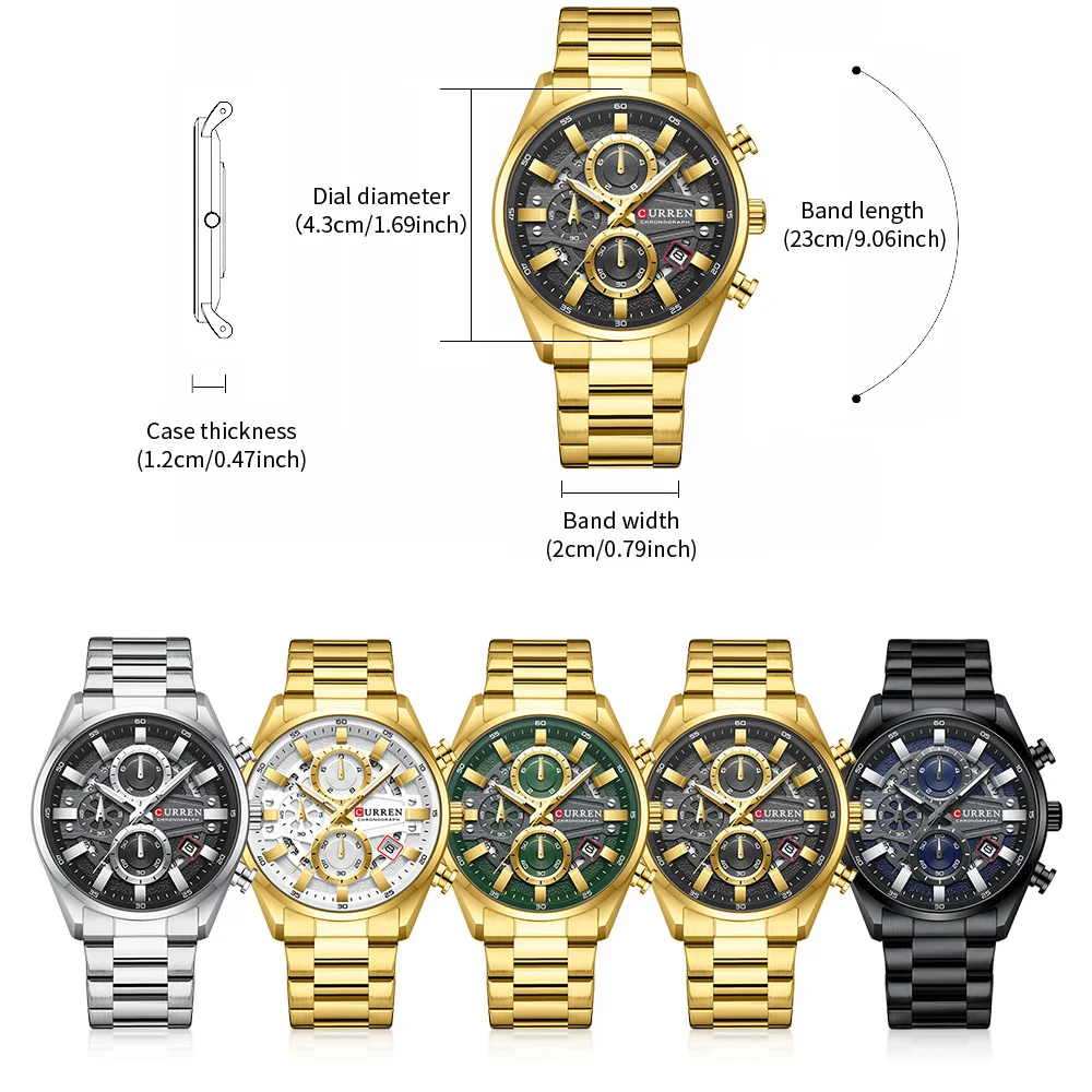 CURREN Luxury Men's Chronograph Watch Quartz Movement Stainless Steel Band with 43mm Dial Fashion Sports Wristwatch