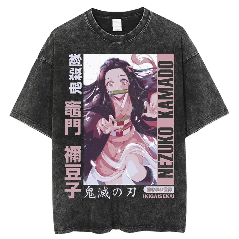 Koszulka Harajuku Anime Demon Slayer Nezuko Vintage Washed Graphic T-Shirt Męska Damska Bawełniana Krótki Rękaw Casualowe Topy Y2k Streetwear
