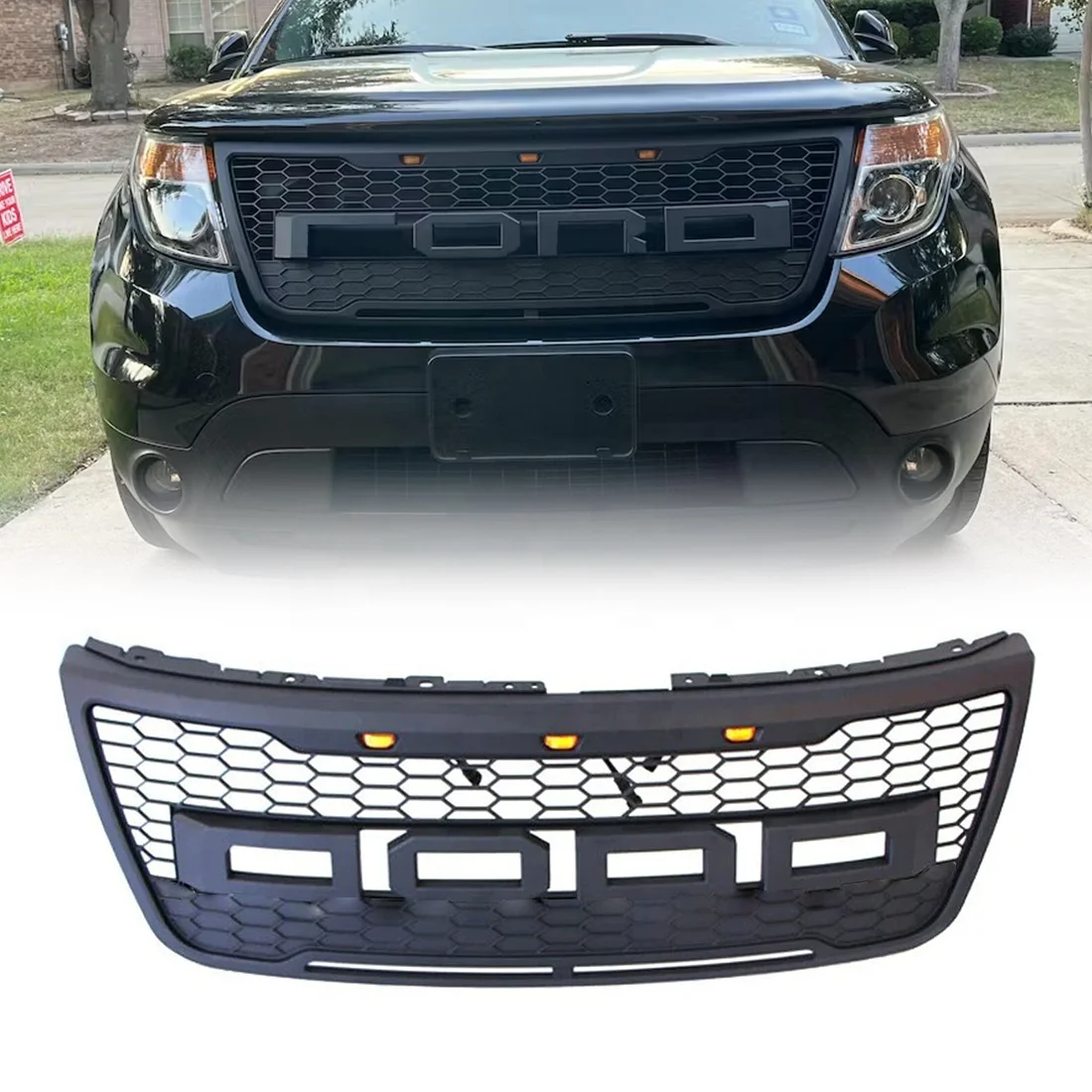 Car Grills Raptor Style Grill Front Bumper Grille With Letters & Amber Lights Fit For Ford Explorer 2012 2013 2014 2015