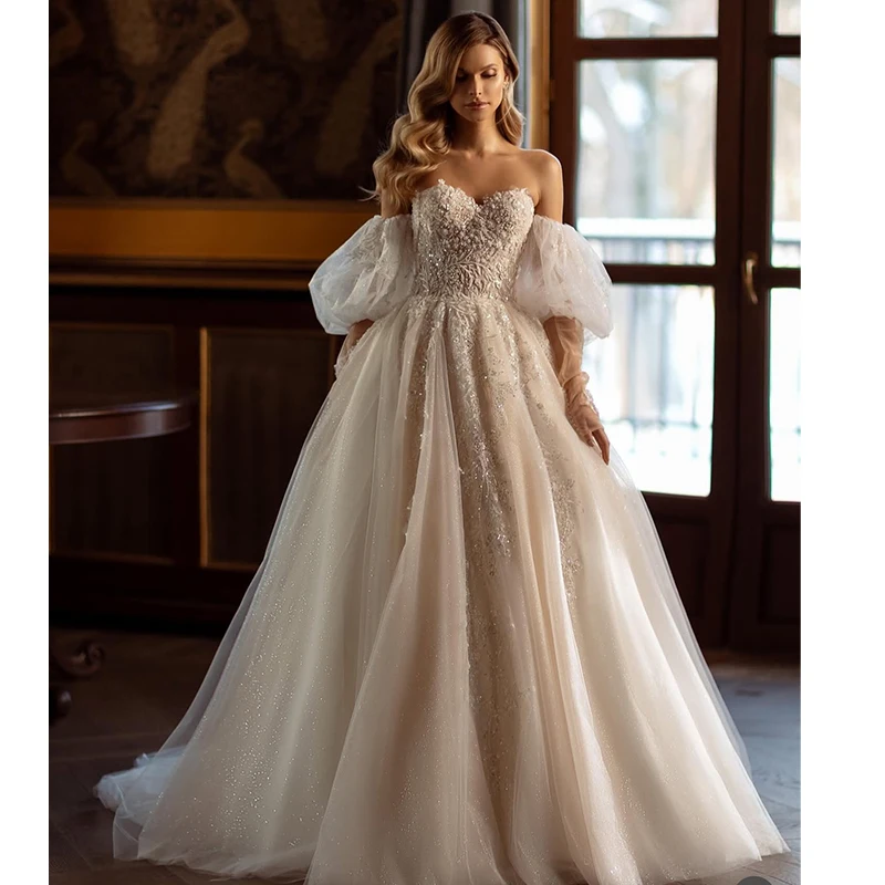 

Fully Embroidered Lace Wedding Dress Exquisite A-Line Ball Gown High-Neck Full Sleeve Customized Bride Muslim Vestido De Novia