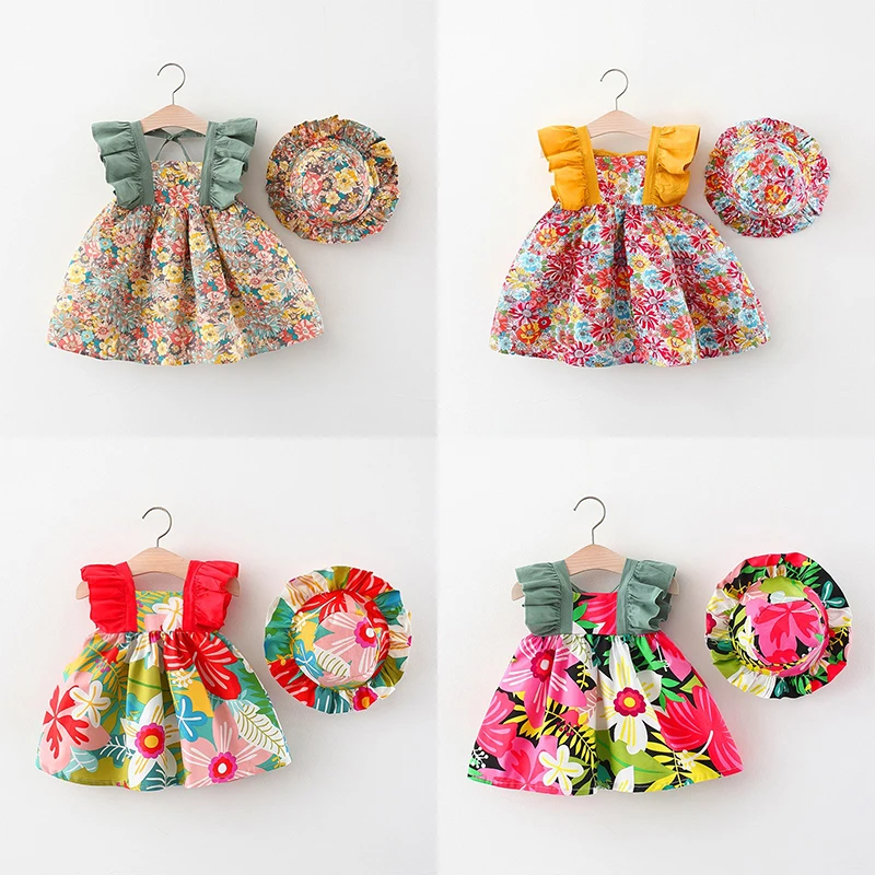 

Новое летнее платье на бретелях для маленьких девочек, детское платье принцессы без рукавов с фрагментарным цветком для новорожденных 0-3 лет со шляпой