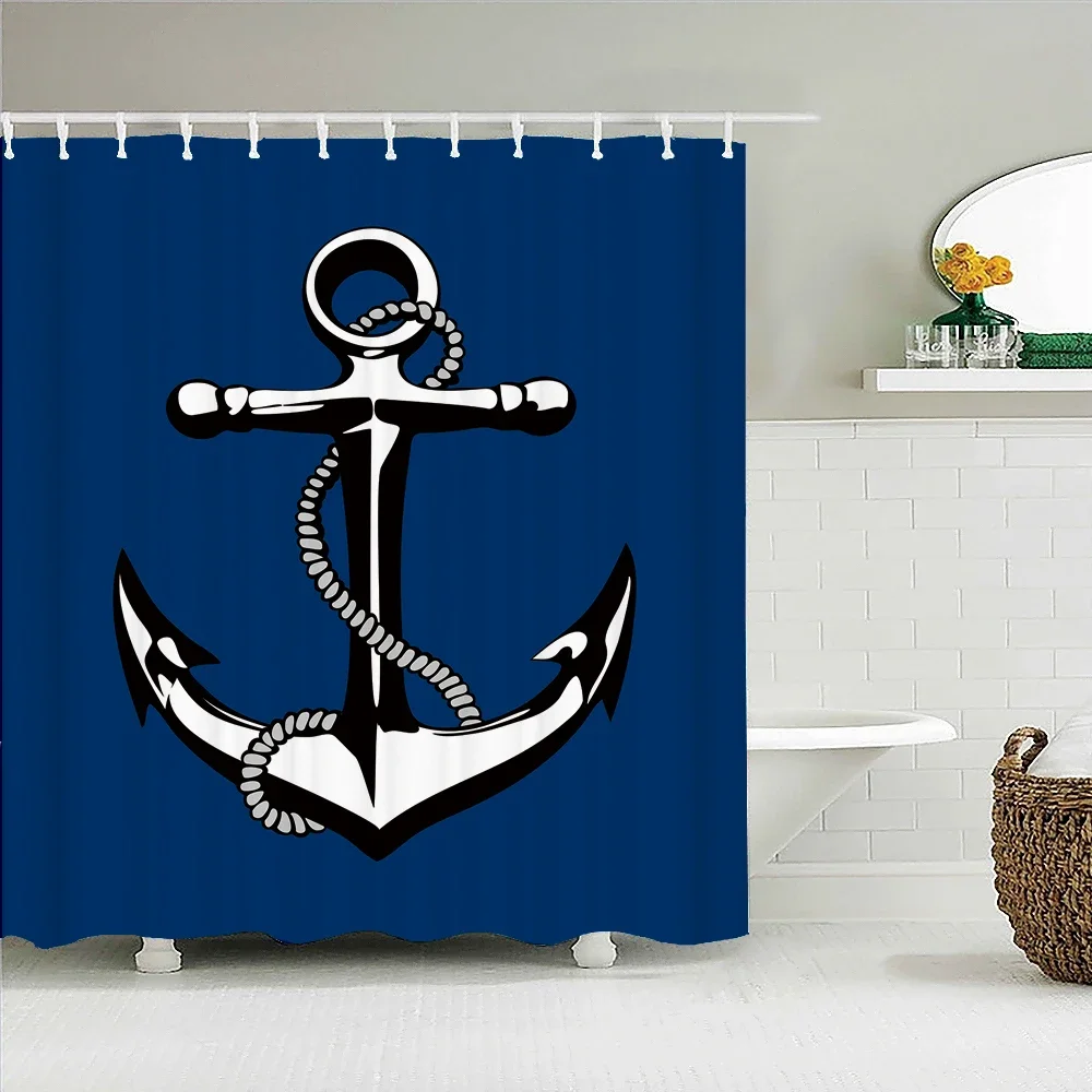 Ocean Sailing Anchor Shower Curtain Geometry Pattern Bathroom Curtains Waterproof Polyester Fabric Bathtub Screen with 12 Hooks