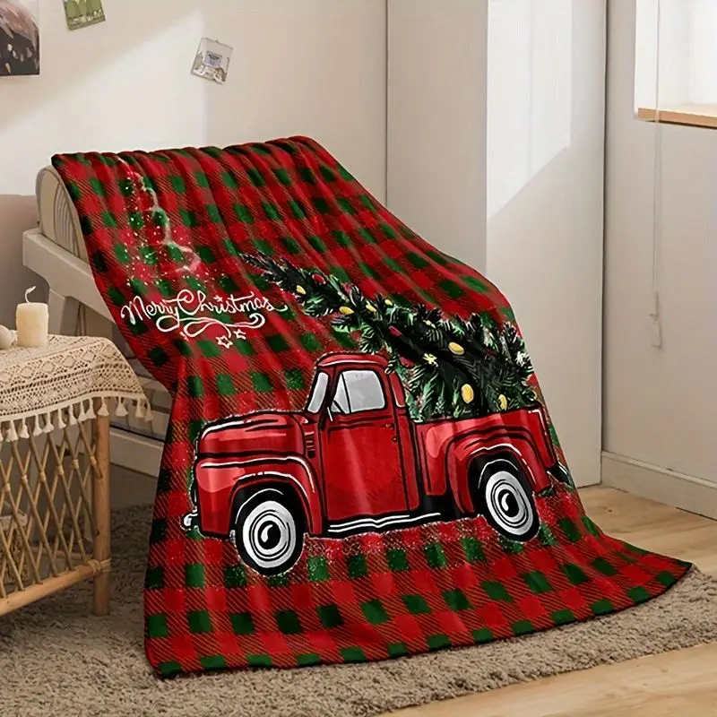VIKAMA Red Truck Christmas Throw Blanket with Vintage Pickup Carrying a Tree on Buffalo Plaid Cozy Blanket for Couch Decor