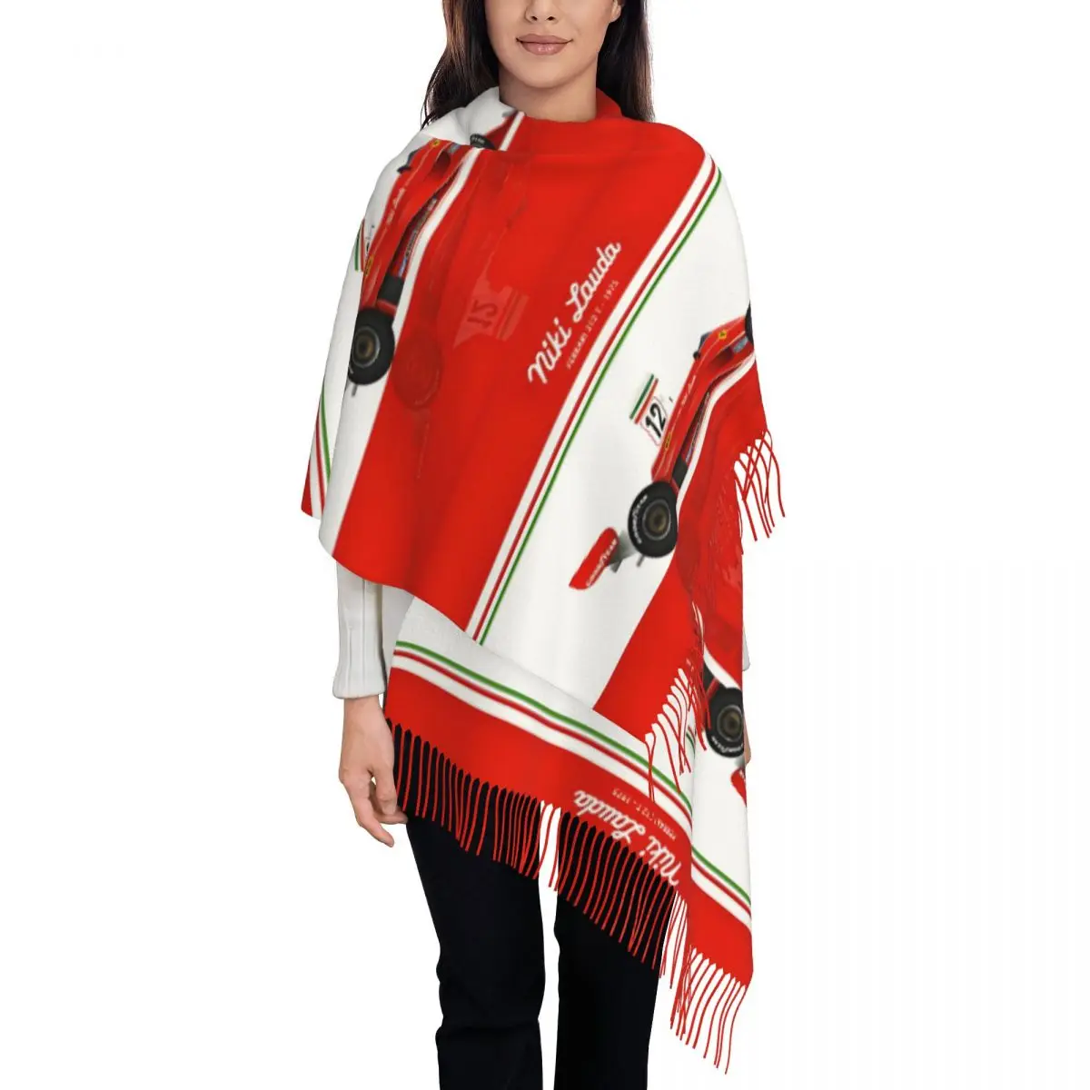 

Custom Luxury F1 Legends Niki Lauda 1975 Tassel Scarf Women Winter Warm Shawls Wraps Lady Austrian Racing Driver Scarves
