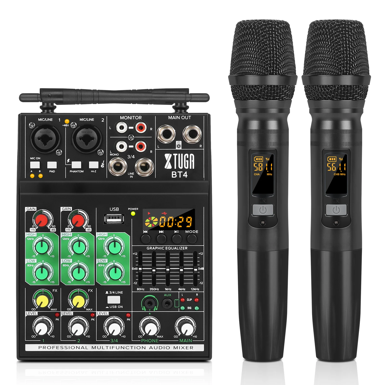 XTUGA BT4 Professional Wireless 4-Channel DJ Audio Mixer Built-in 48V Phantom Power Metal Plastic 180ft Range USB Audio