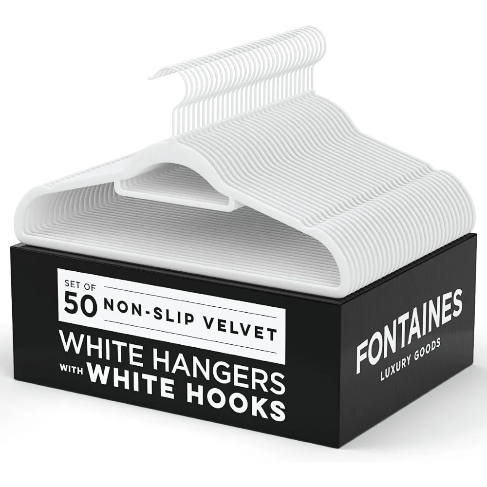 

Fontaines Luxury White Velvet Felt Non Slip Clothes Hangers 50 Pack - Ultra Slim & Space Saving - Heavy Duty Swivel White Hook